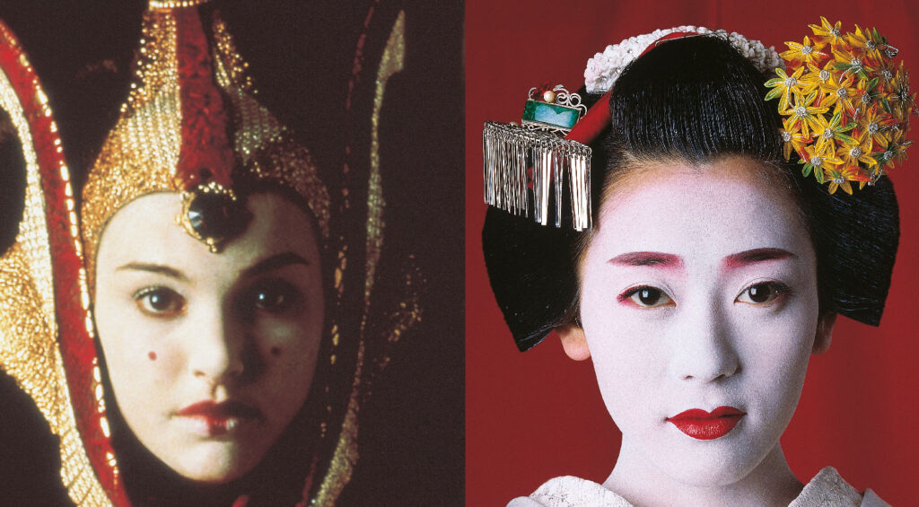 Detalhes da maquiagem de uma gueixa de verdade e da rainha Amidala: base branca, lábios vermelhos e penteados elaborados
