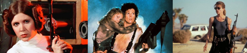 Heroínas em ação: Leia (A Guerra nas Estrelas), Ellen Ripley (Alien) e Sarah Connor (O Exterminador do Futuro) 