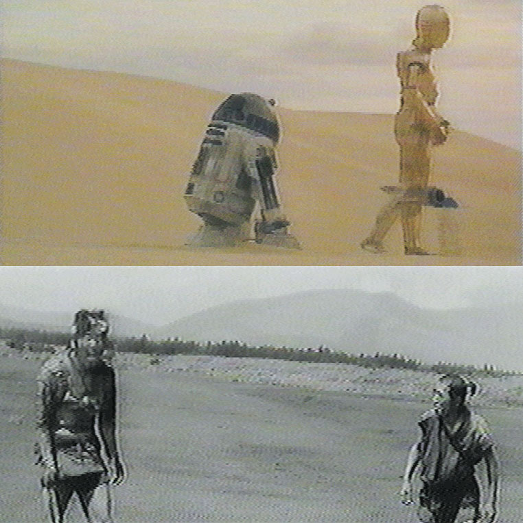 Cenas idênticas: Em A Fortaleza Escondida, de Akira Kurosawa, dois camponeses discutem, seguem rumos opostos, são capturados e novamente se encontram. George Lucas praticamente reproduziu a sequência do filme japonês, colocando os robôs R2-D2 e C-3PO em uma situação parecida em Guerra nas Estrelas
