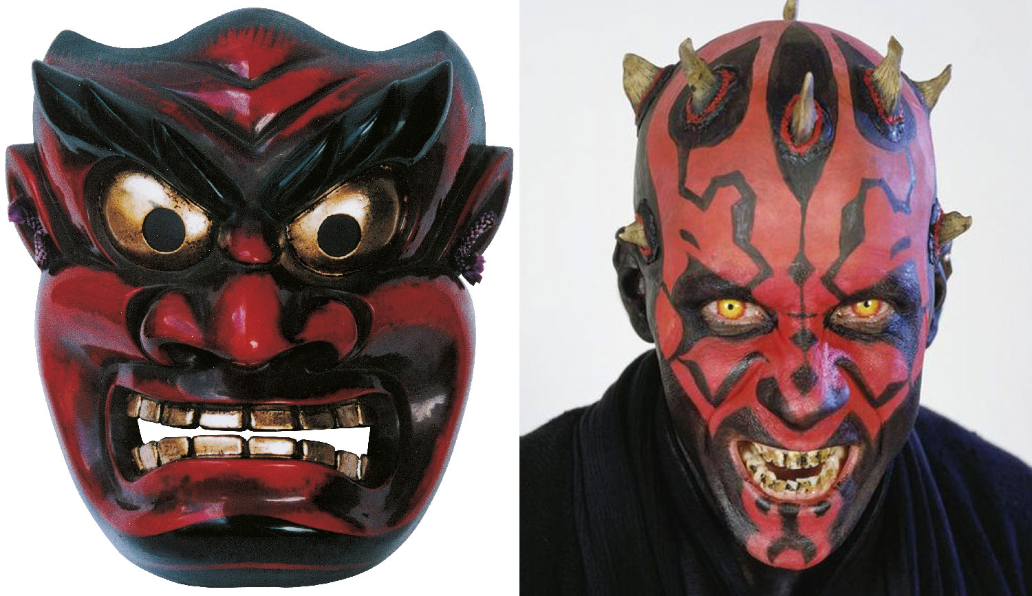 A tatuagem de Darth Maul e a tradicional máscara oni japonesa (representando o ogro Ura): vermelho e preto para simbolizar as forças demoníacas