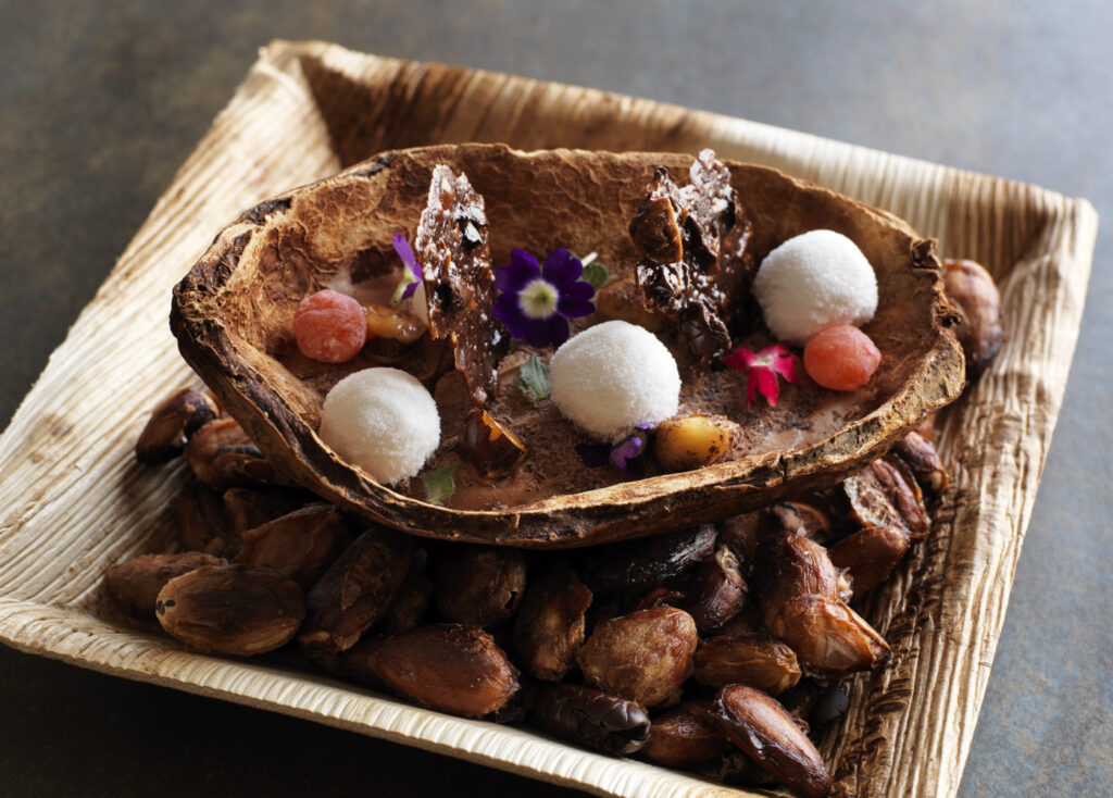 Cacau nativo 70%, sorvete de shica shica, mochi, nibs de cacau e yuzu Cacao
