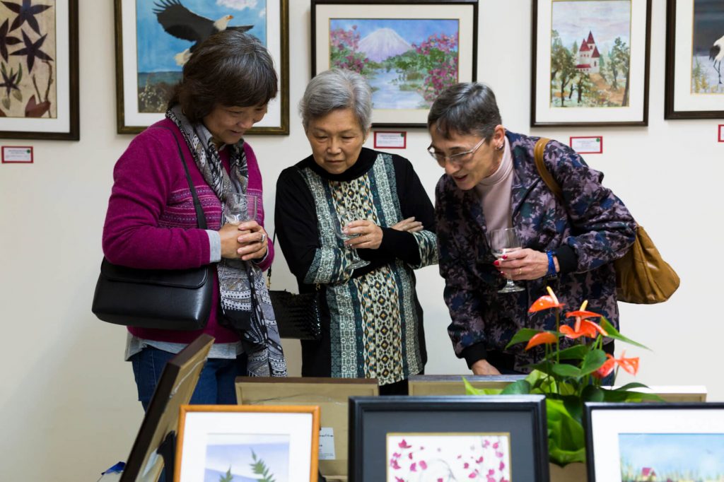 Exposição de oshibana com quadros produzidos pela artista plástica Alice Imai e suas alunas