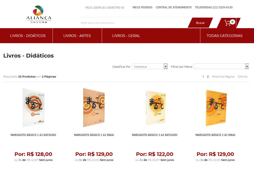 Página de livros didáticos da Livraria Virtual Aliança